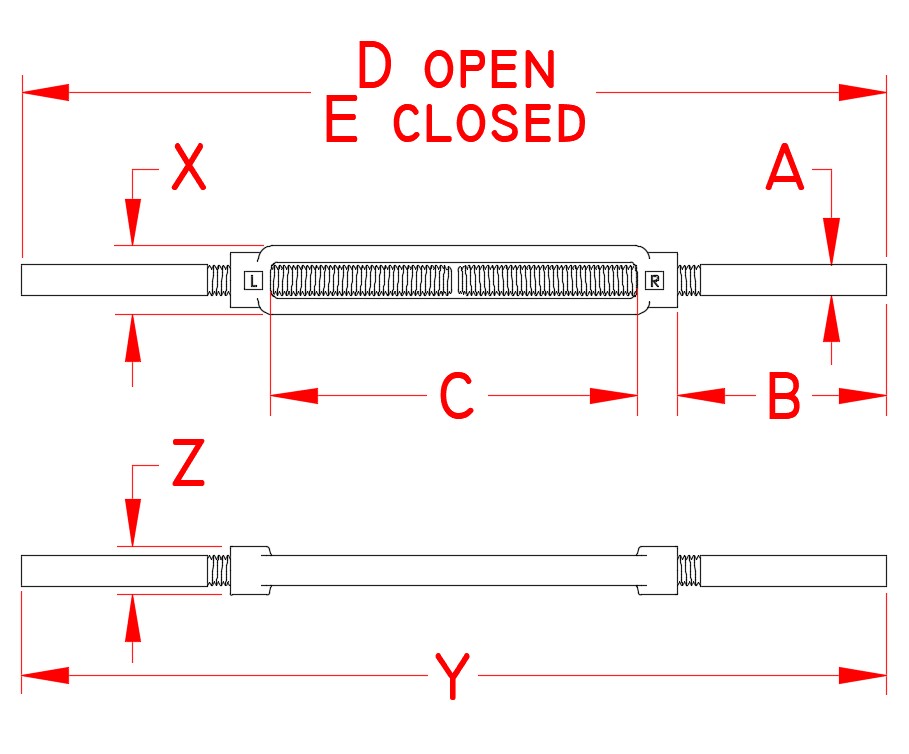 Stainless Steel Forged Stub and Stub Turnbuckle, S0112-SS07, S0112-SS08, S0112-SS10, S0112-SS13, S0112-SS16, S0112-SS20, S0112-SS25, S0112-SS25-1, S0112-SS32-1, Line Drawing